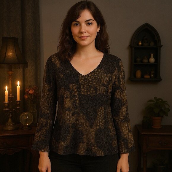 Y2K Bellessa Black Gold Asymmetrical Blouse Dark Romantic WhimsiGoth Fairy M - Picture 1 of 10